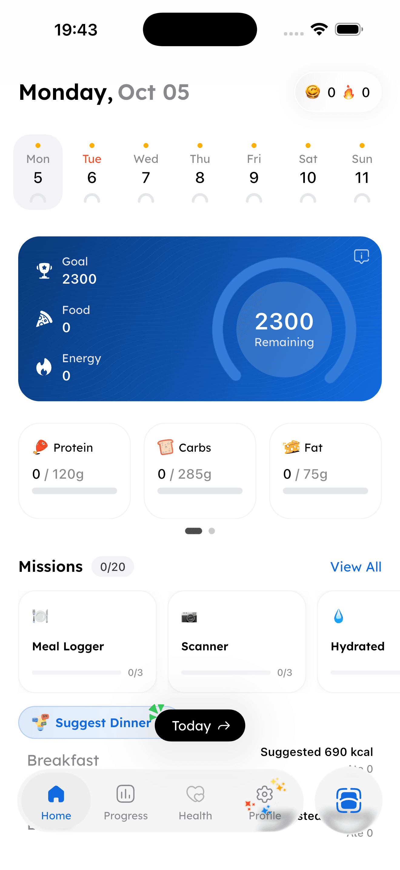Capple home screen showing the weekly calendar, remaining calories, macros, daily tasks and meals