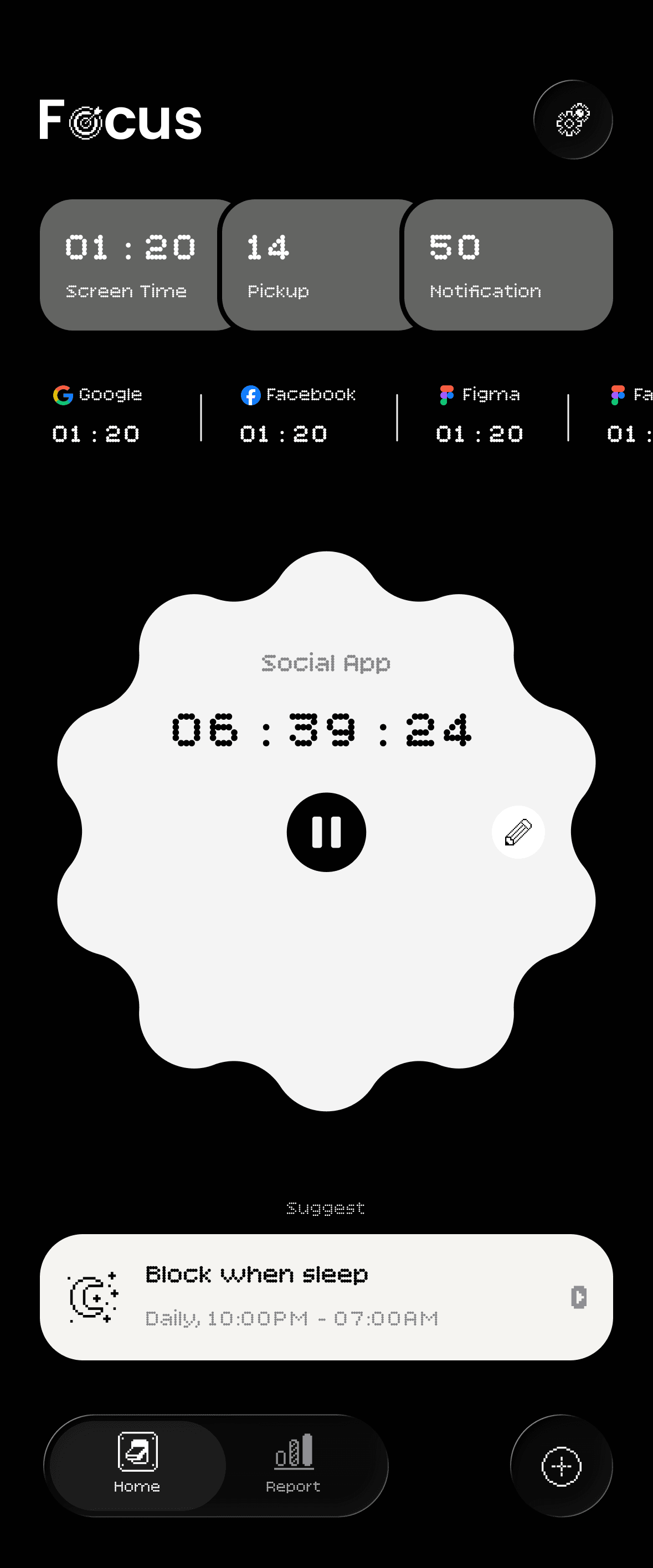 FocusLock dashboard design with screen time, pickups, notifications and an active focus timer